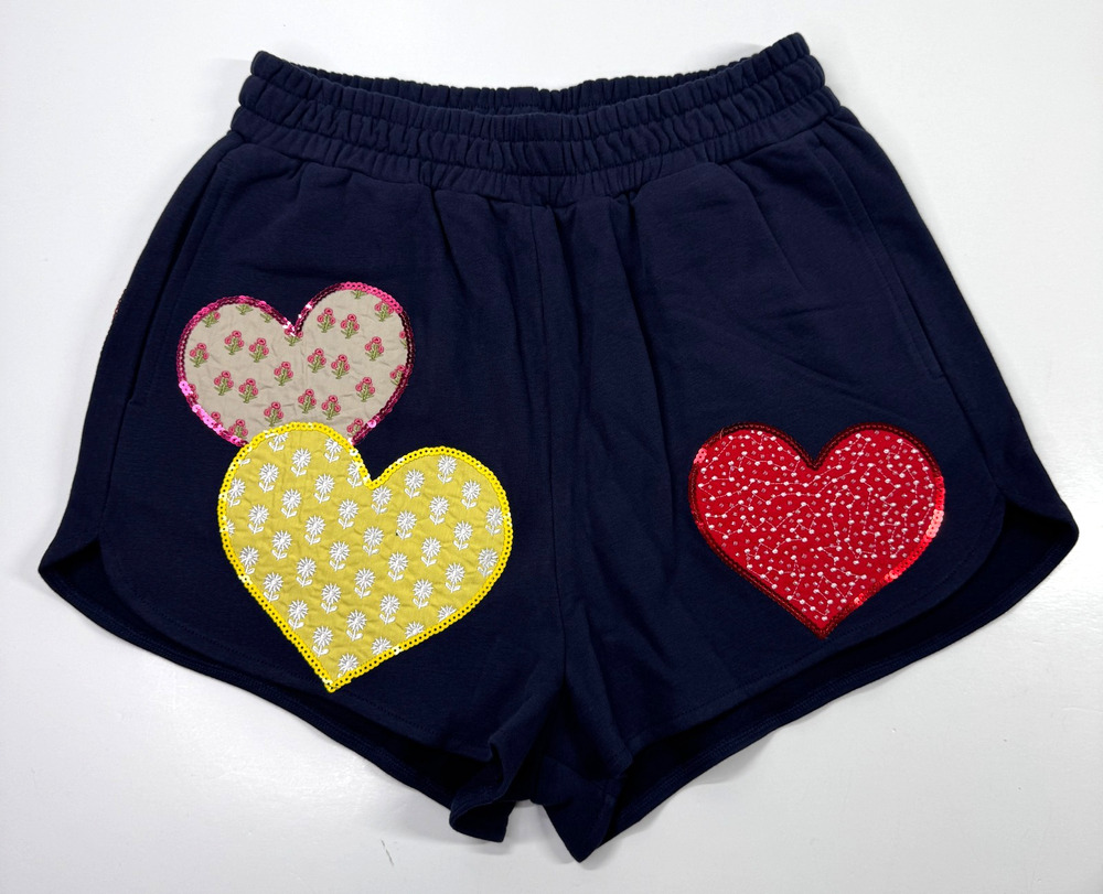 Queen Of Sparkles Shorts Sequin Embroidered Hearts Navy Blue Womens Medium